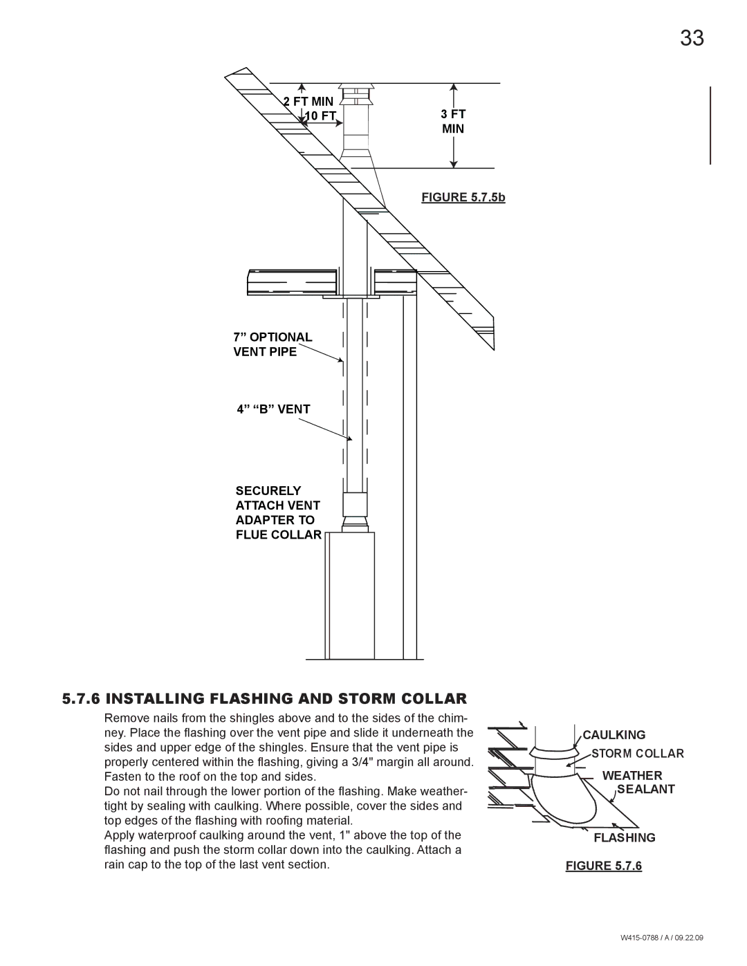 Napoleon Fireplaces GDS60N manual Installing Flashing and Storm Collar, Caulking Storm Collar Weather Sealant Flashing 