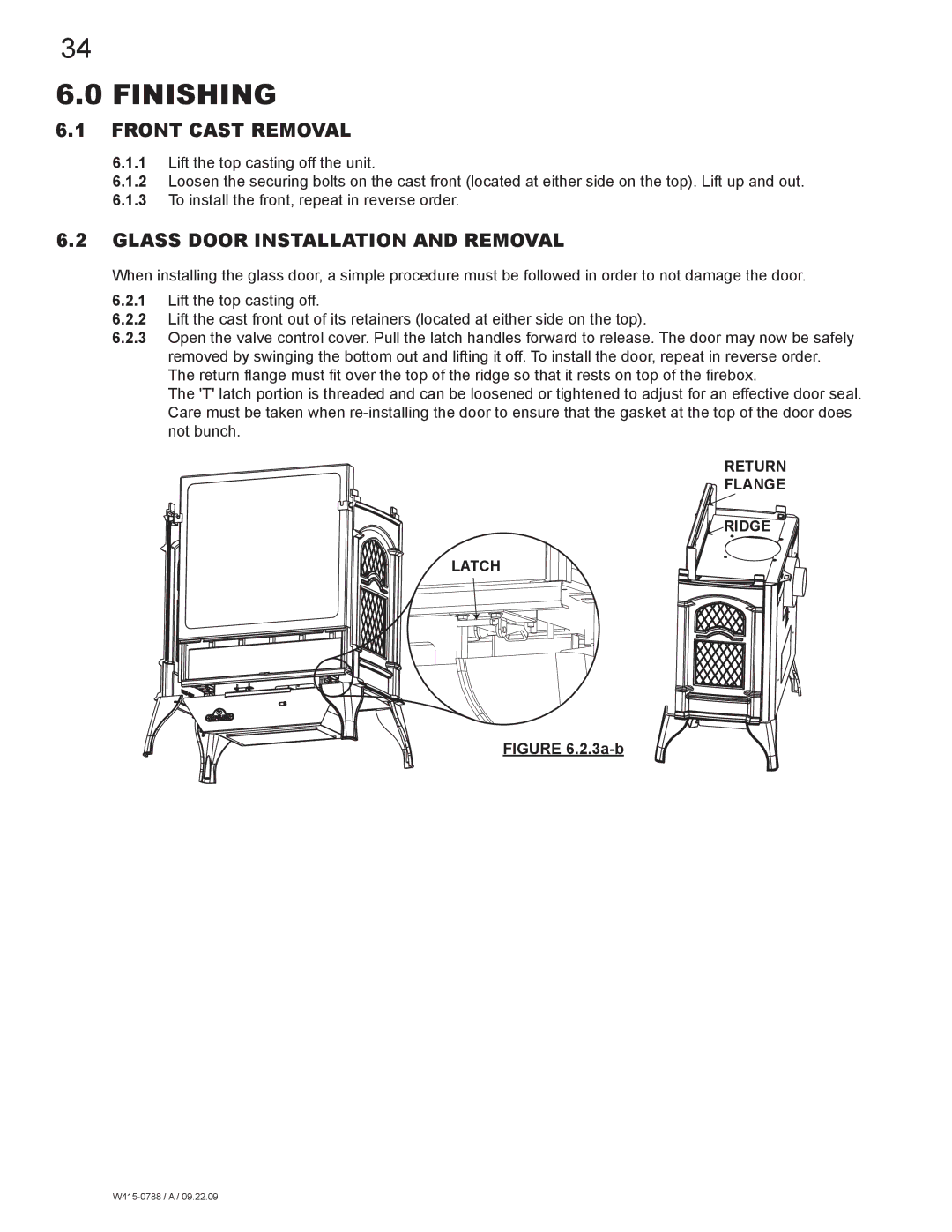 Napoleon Fireplaces GDS60N manual Finishing, Front Cast Removal, Glass Door Installation and Removal, Return Flange 