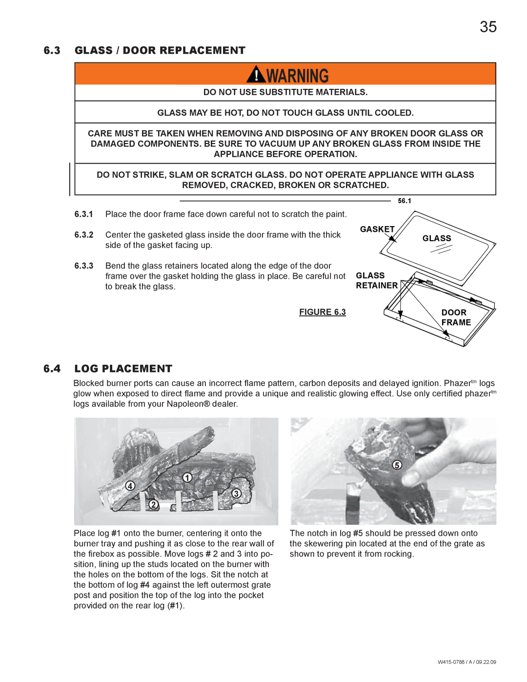 Napoleon Fireplaces GDS60N manual Glass / Door Replacement, LOG Placement 