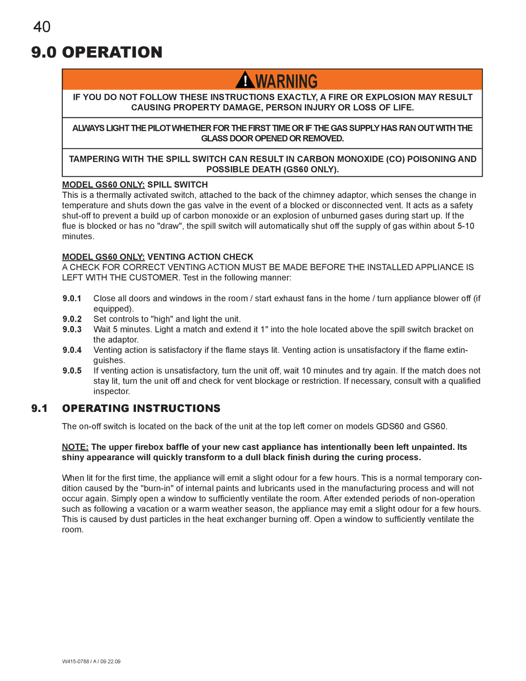 Napoleon Fireplaces GDS60N manual Operation, Operating Instructions, Model GS60 only Venting Action Check 