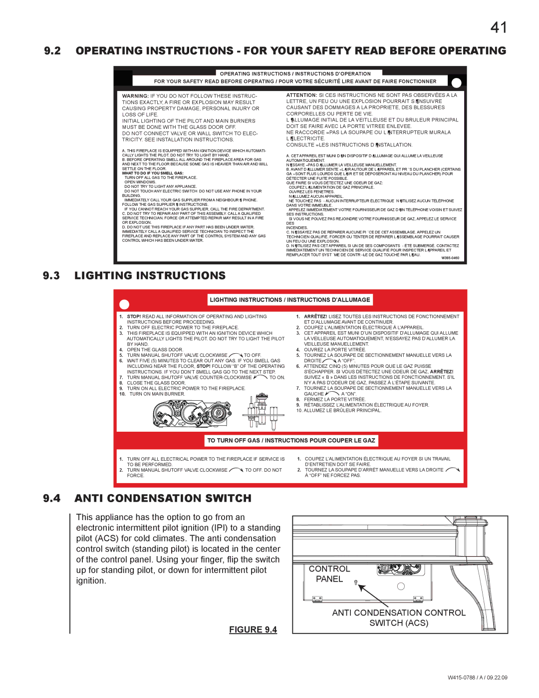 Napoleon Fireplaces GDS60N manual Lighting Instructions, Anti Condensation Switch 