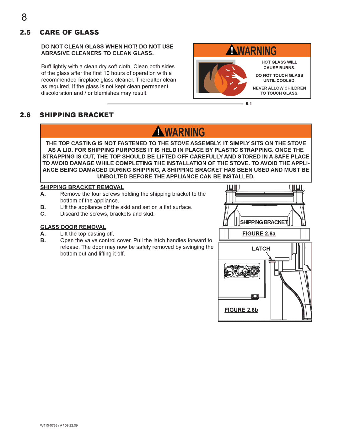 Napoleon Fireplaces GDS60N manual Care of Glass, Shipping Bracket, Glass Door Removal, Shippingbracket Latch 