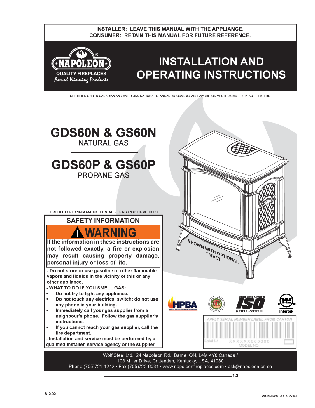 Napoleon Fireplaces manual Natural Gas, Propane Gas, Trivet, GDS60N & GS60N, GDS60P & GS60P, Safety Information 
