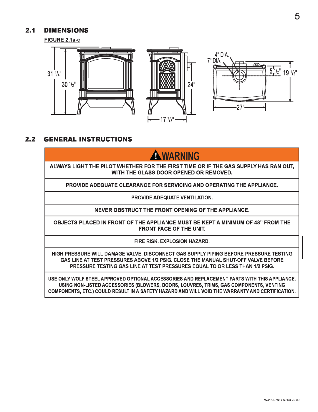 Napoleon Fireplaces GDS60N manual 31 1/4, 30 1/2, 51/2 19 1/2, 2717 7/8, Dimensions, 2.2GENERAL INSTRUCTIONS, DIA 7 DIA 