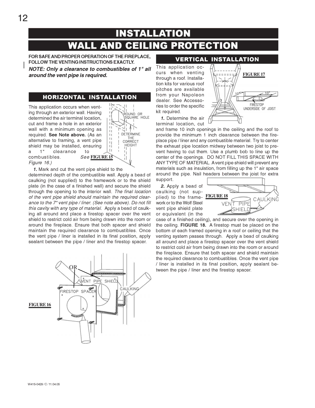 Napoleon Fireplaces GE38PT-M Installation Wall and Ceiling Protection, Horizontal Installation, Vertical Installation 