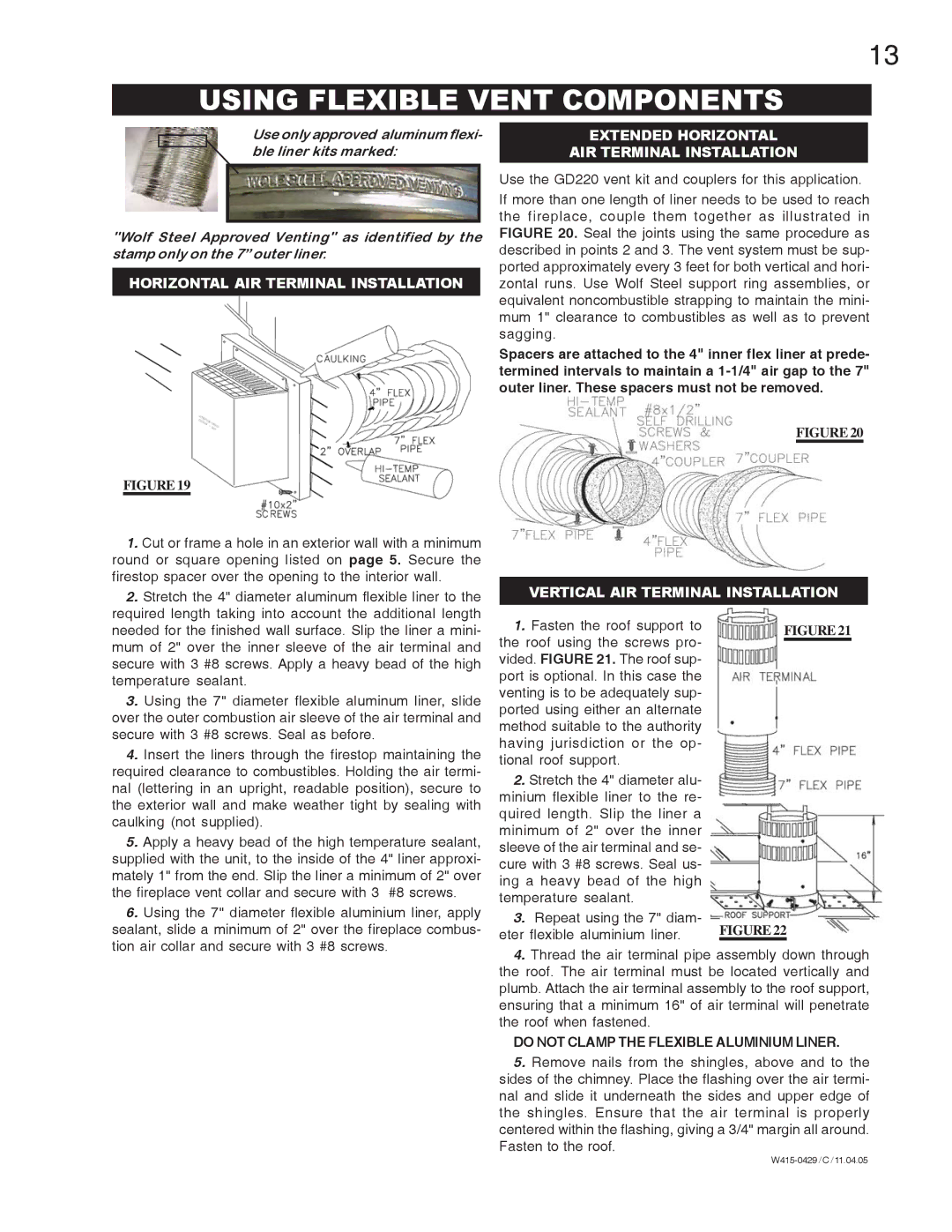 Napoleon Fireplaces GE38NT-M, GE38PT-M manual Using Flexible Vent Components, Horizontal AIR Terminal Installation 