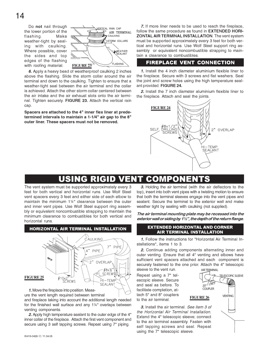 Napoleon Fireplaces GE38PT-M, GE38NT-M manual Using Rigid Vent Components, Fireplace Vent Connection 