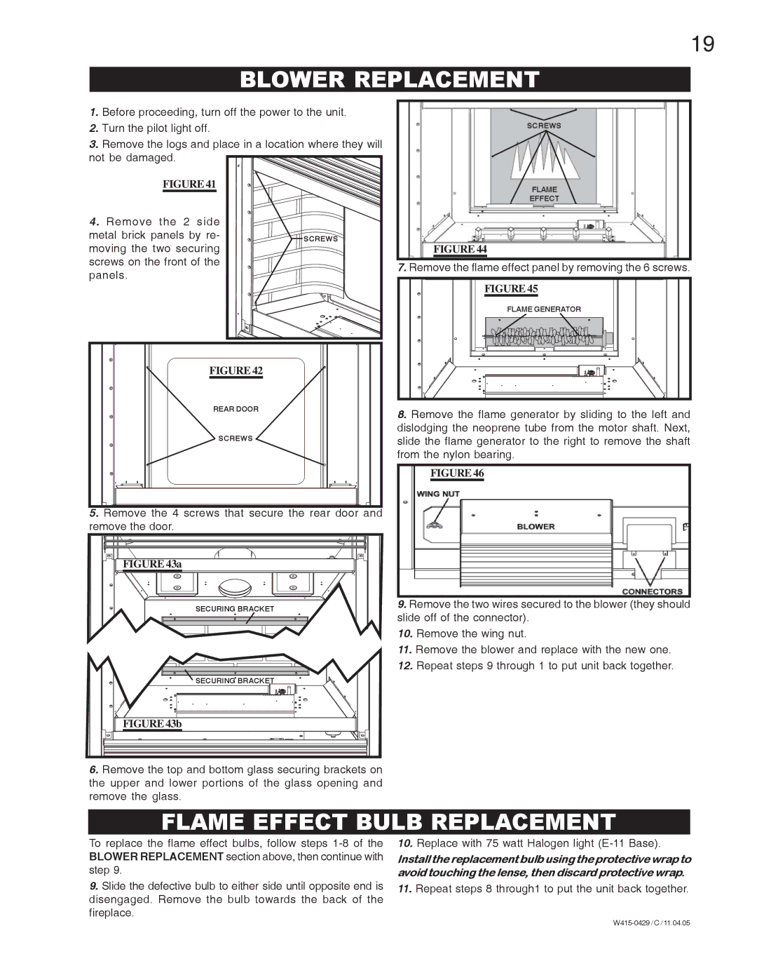 Napoleon Fireplaces GE38NT-M, GE38PT-M manual Blower Replacement, Flame Effect Bulb Replacement 