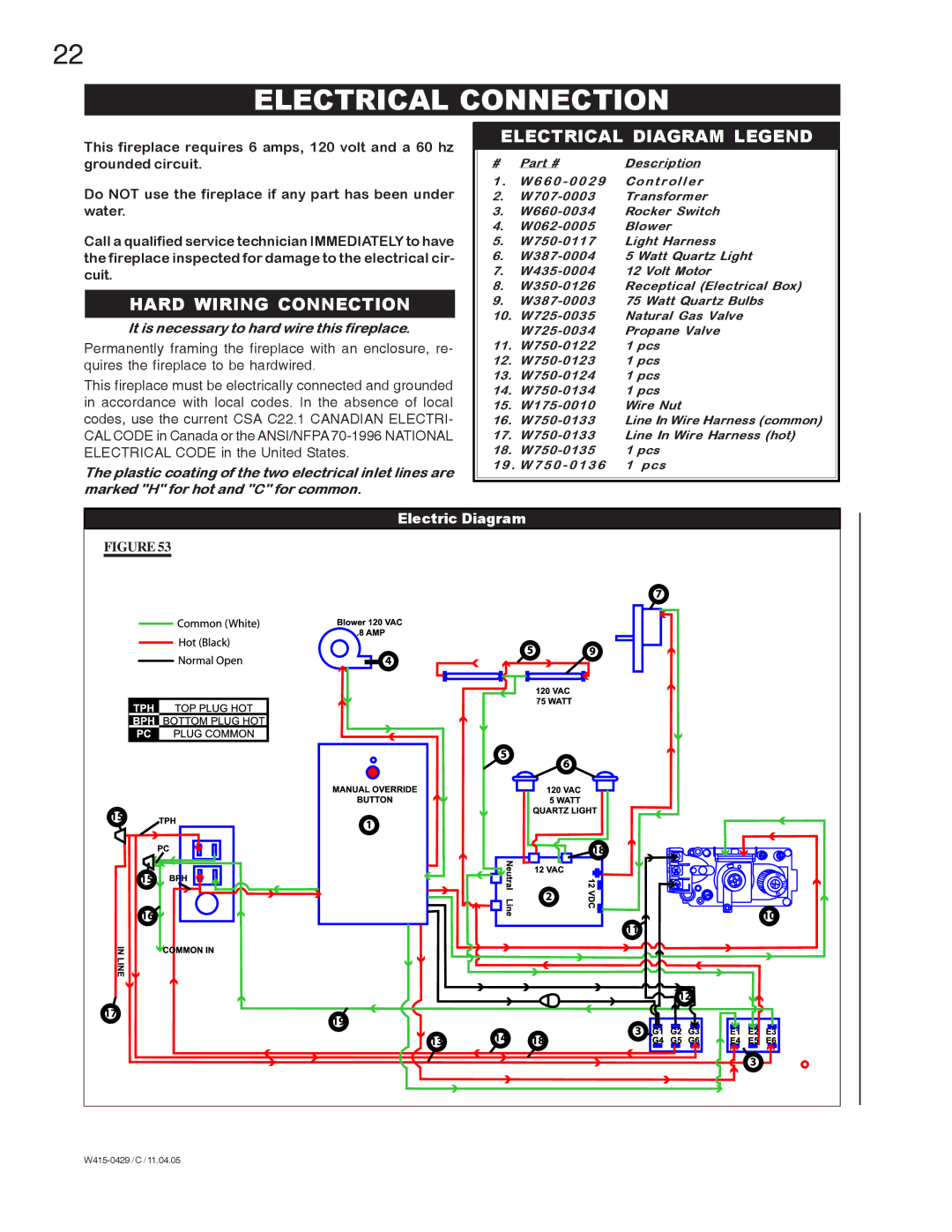 Napoleon Fireplaces GE38PT-M, GE38NT-M manual Electrical Connection, Hard Wiring Connection, Electrical Diagram Legend 