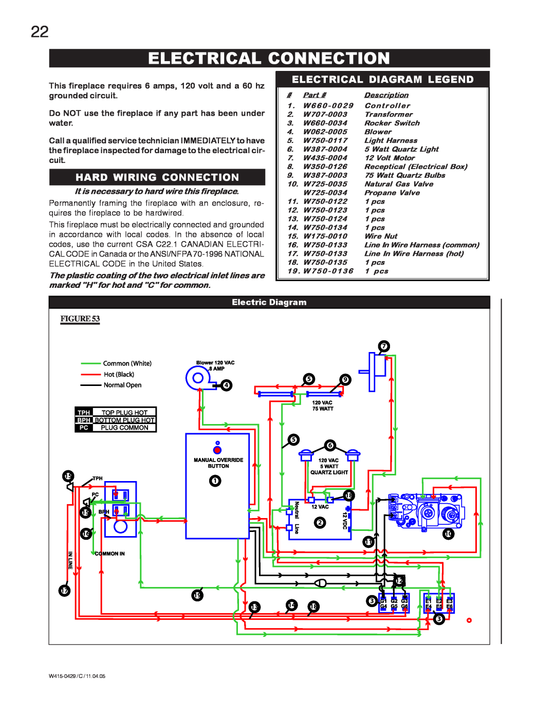 Napoleon Fireplaces GE38PT-M Electrical Connection, Hard Wiring Connection, Electrical Diagram Legend, Electric Diagram 