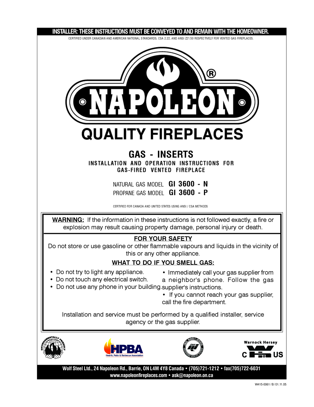 Napoleon Fireplaces GI 3600-P, GI 3600-N manual GAS Inserts 