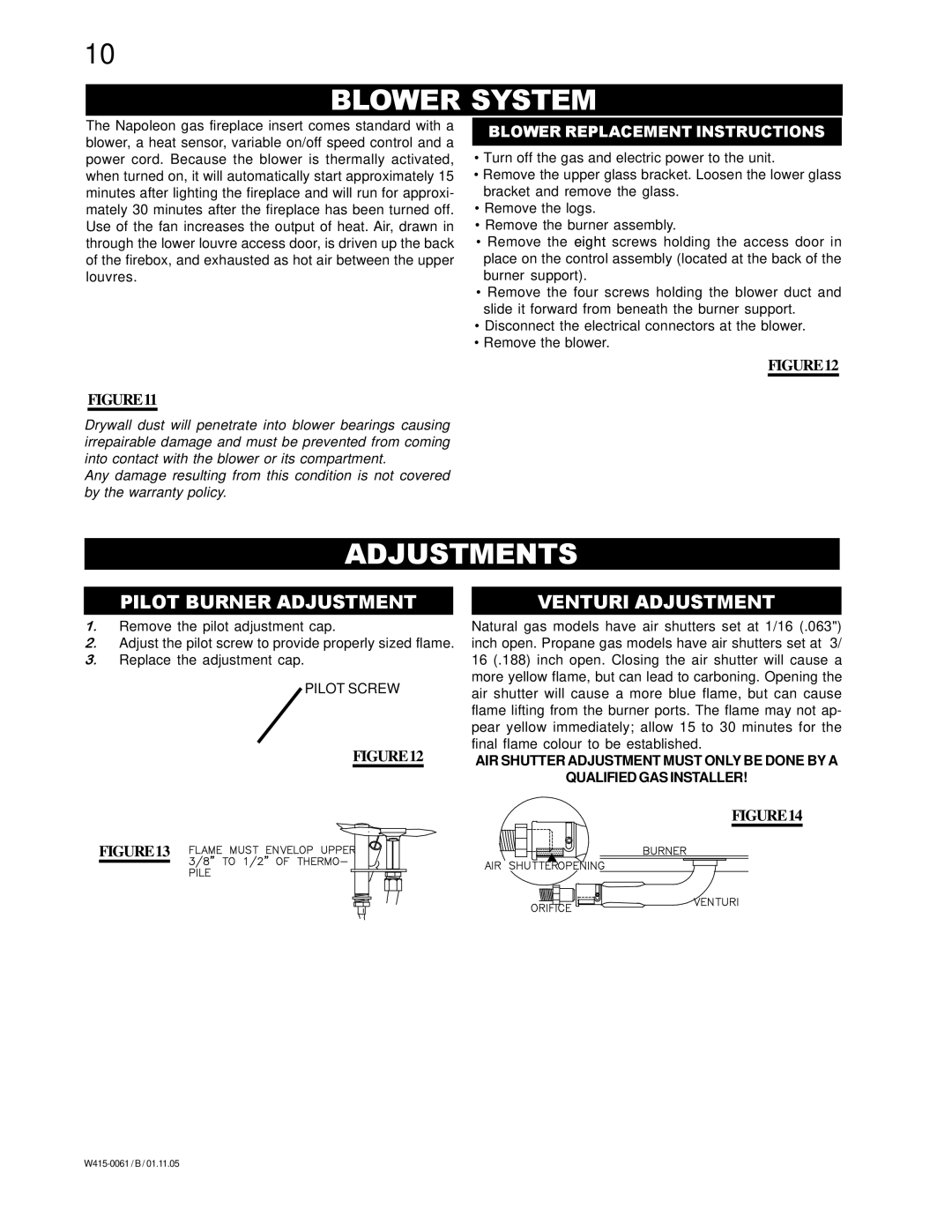 Napoleon Fireplaces GI 3600-N, GI 3600-P manual Blower System, Adjustments, Pilot Burner Adjustment, Venturi Adjustment 