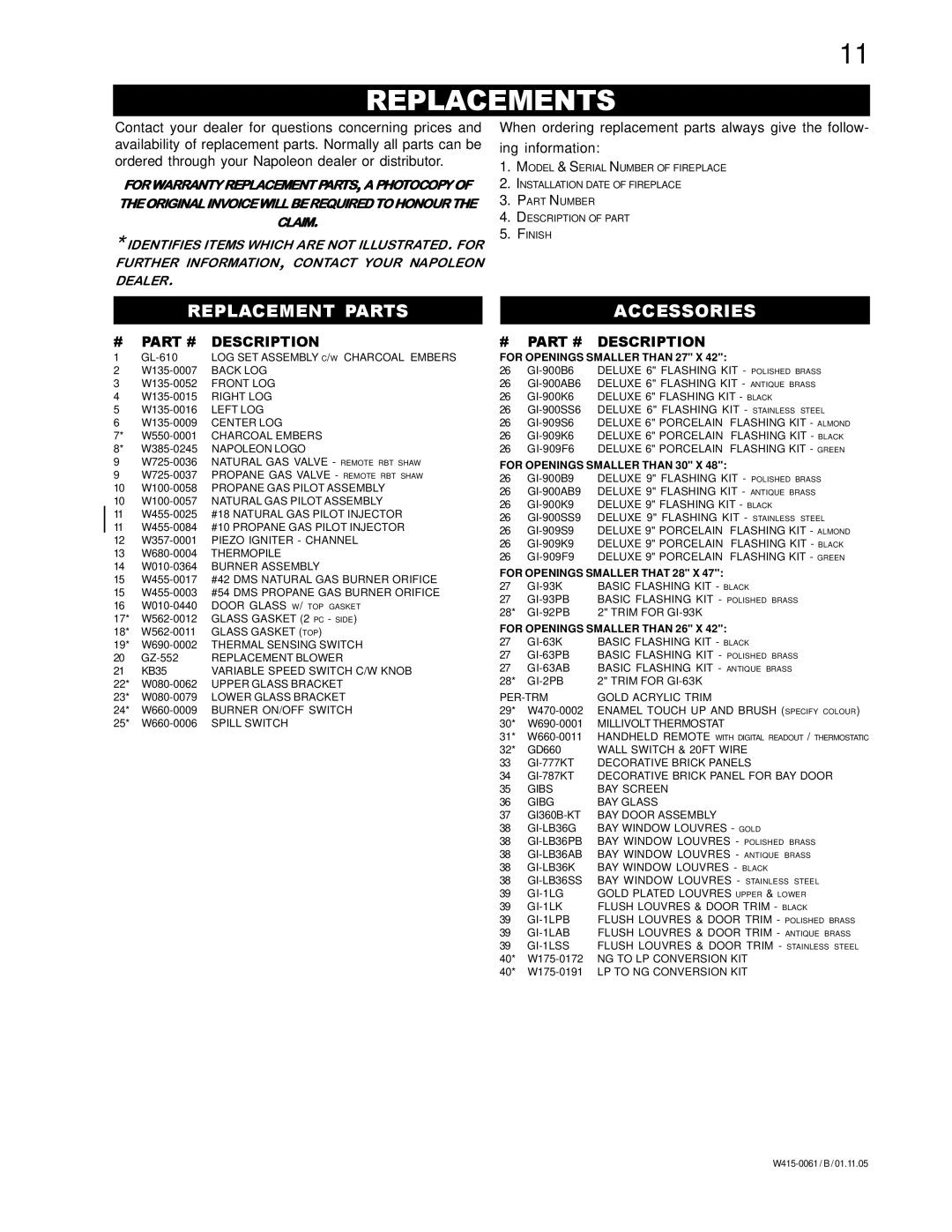 Napoleon Fireplaces GI 3600-P, GI 3600-N manual Replacements, Replacement Parts 