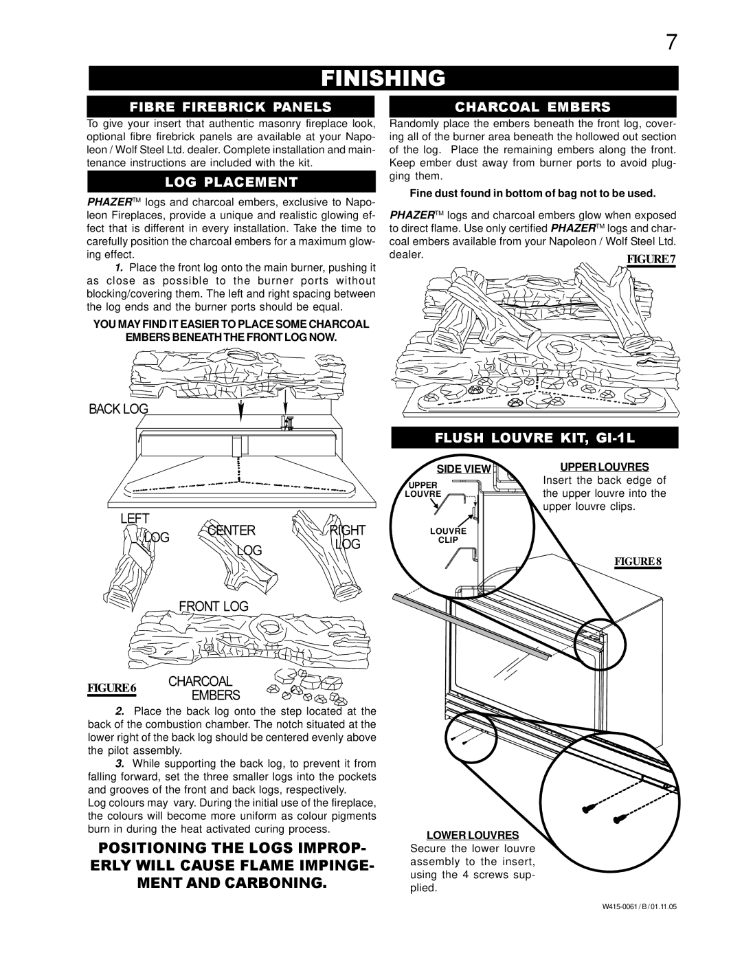Napoleon Fireplaces GI 3600-P, GI 3600-N manual Finishing, Fibre Firebrick Panels LOG Placement 