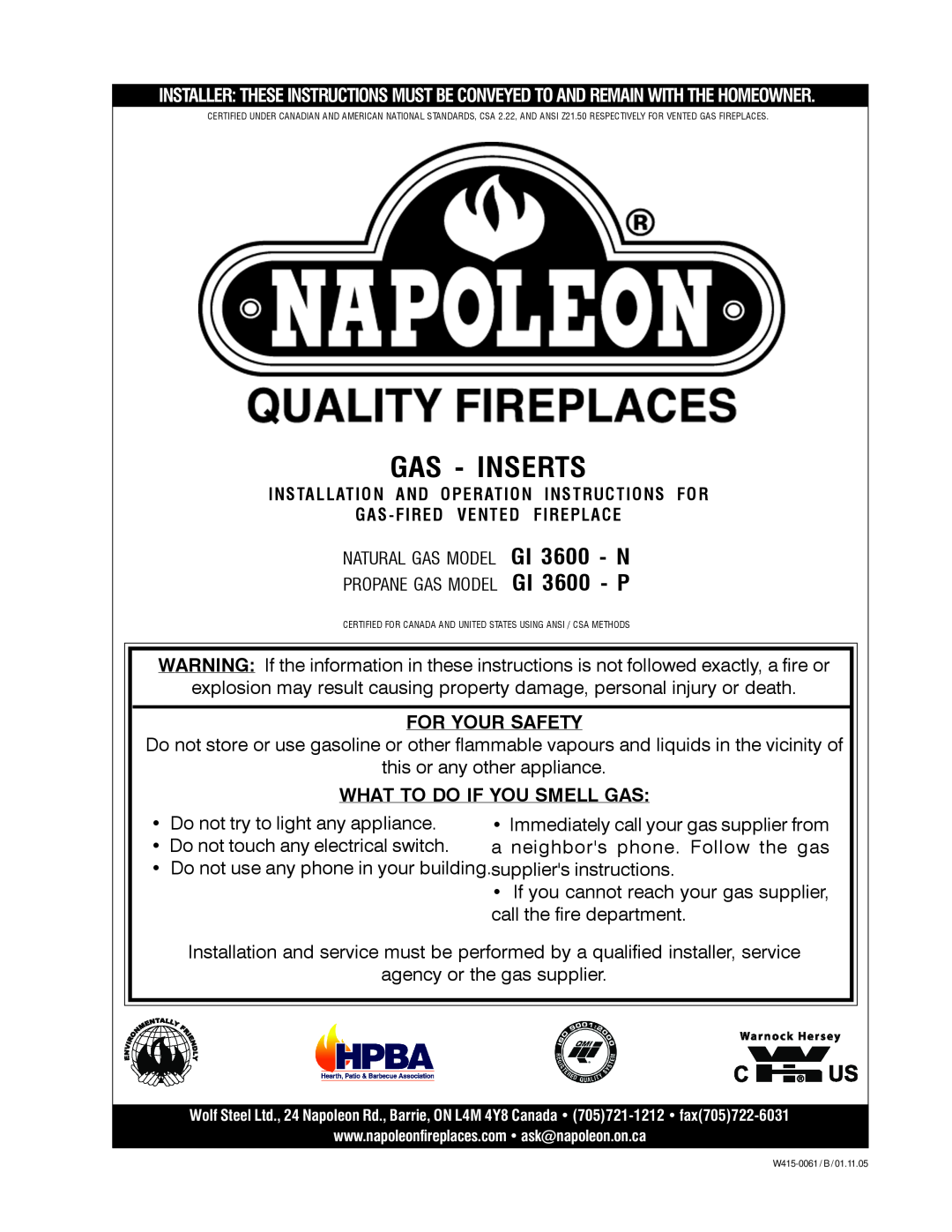 Napoleon Fireplaces GI 3600-P, GI 3600-N manual Gas - Inserts, GI 3600 - N GI 3600 - P 