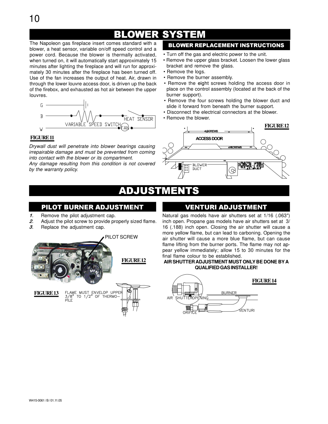 Napoleon Fireplaces GI 3600-N, GI 3600-P manual Blower System, Adjustments, Pilot Burner Adjustment, Venturi Adjustment 