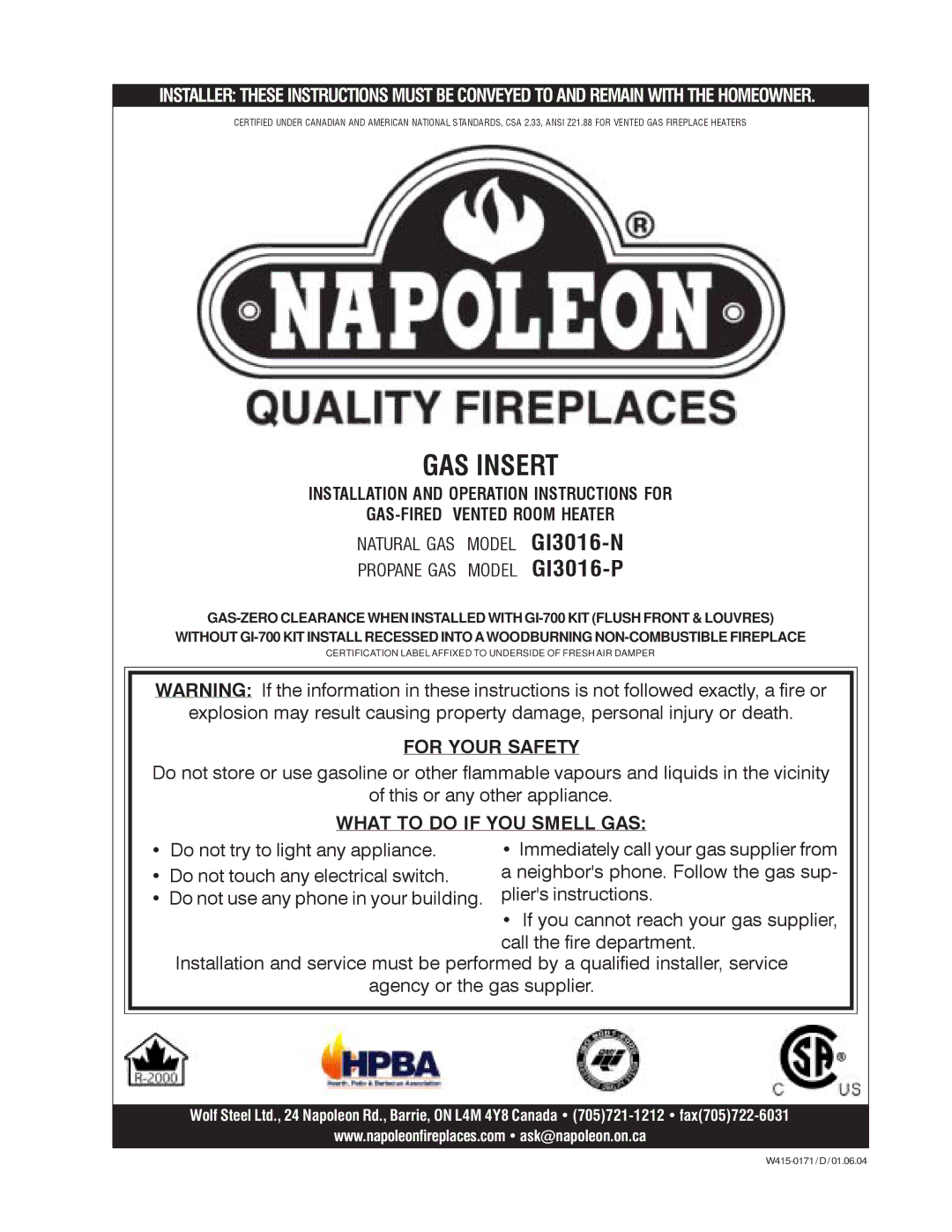 Napoleon Fireplaces GI3016-P, GI3016-N manual GAS Insert 