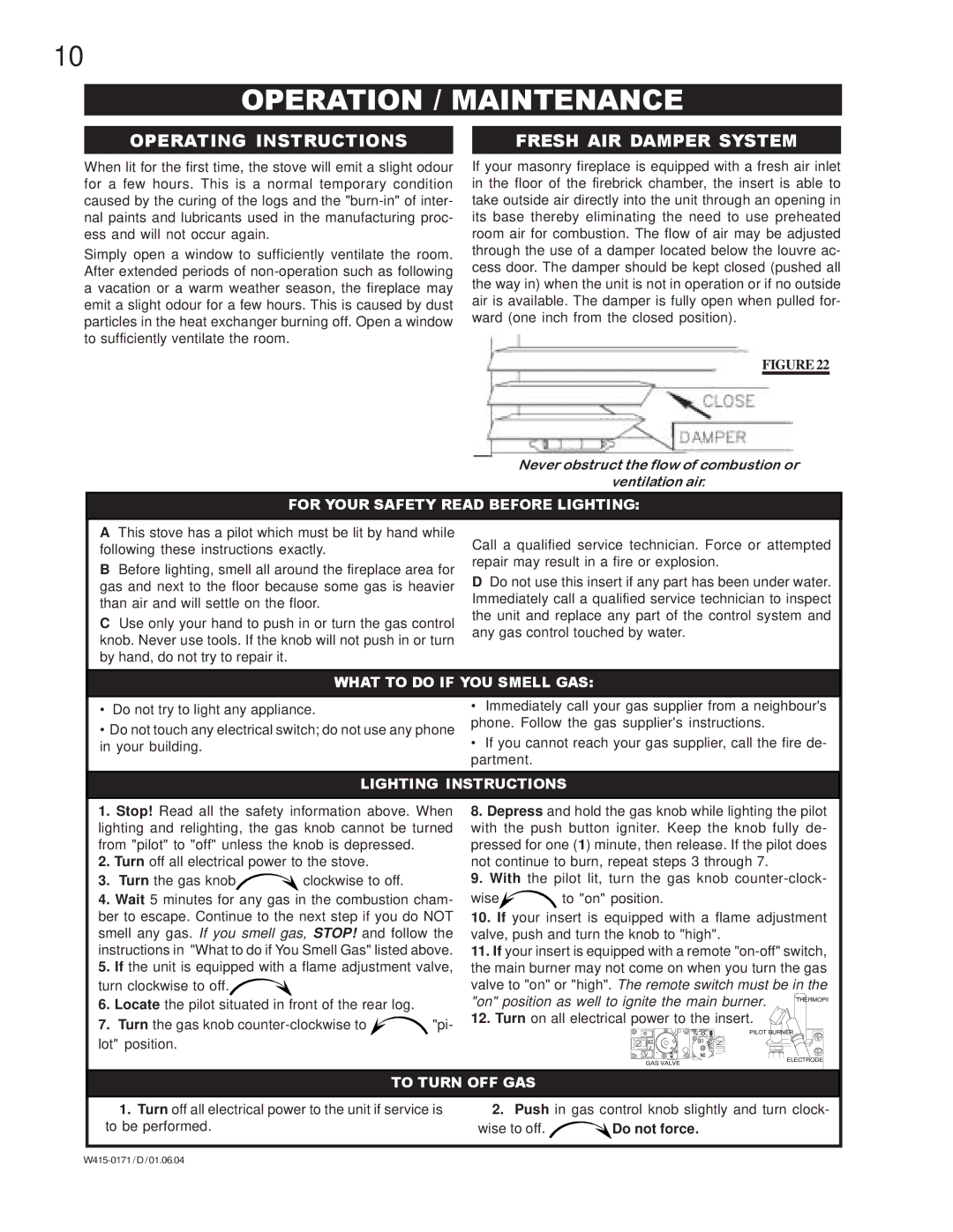 Napoleon Fireplaces GI3016-N, GI3016-P manual Operation / Maintenance, Operating Instructions Fresh AIR Damper System 