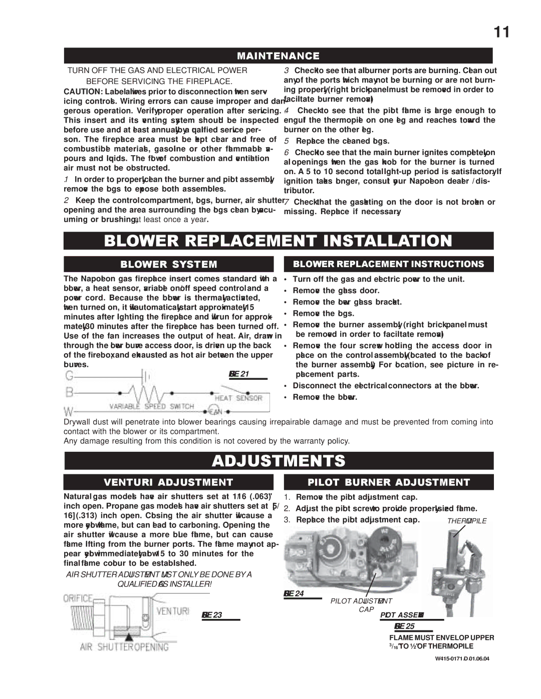 Napoleon Fireplaces GI3016-P, GI3016-N manual Blower Replacement Installation, Adjustments 