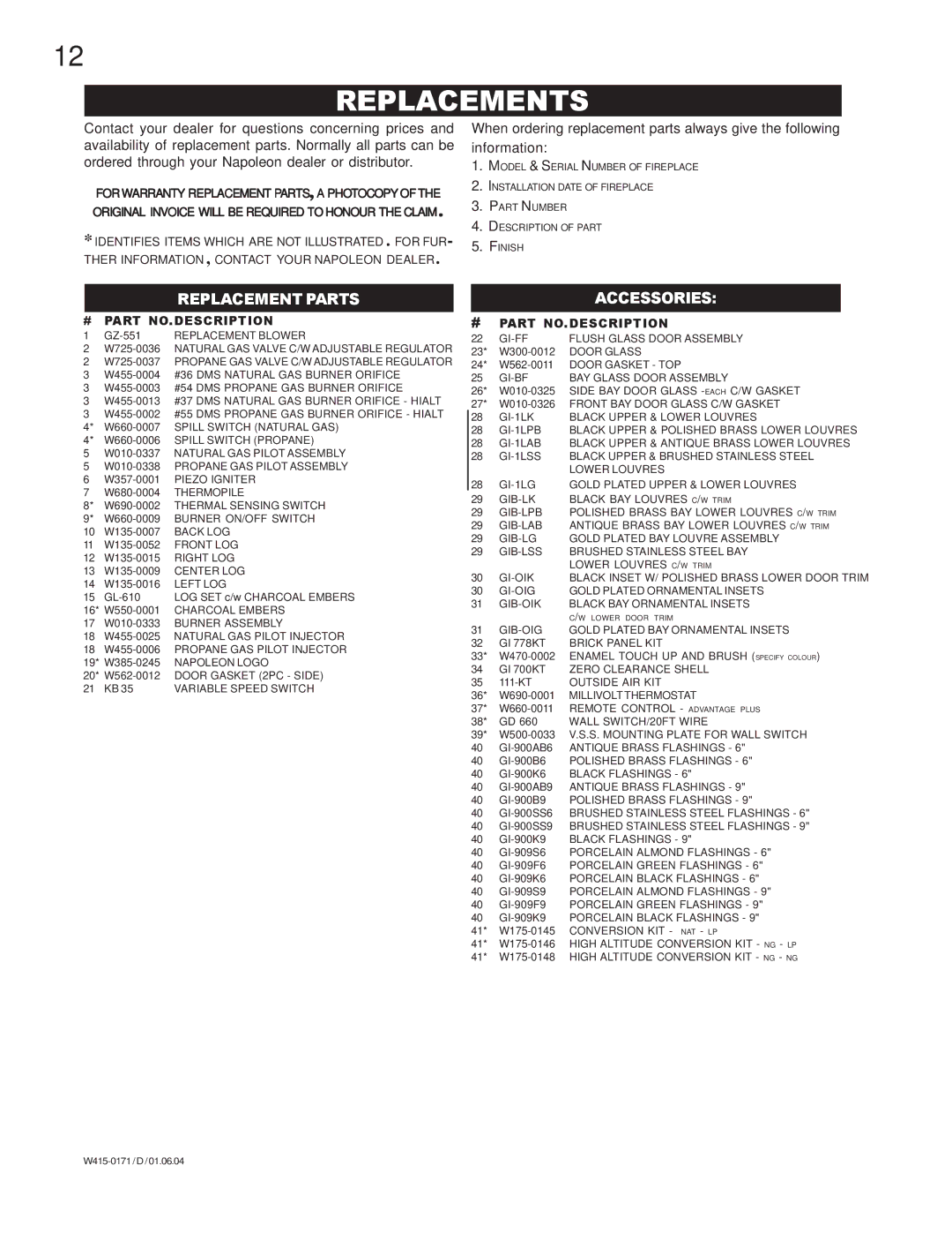 Napoleon Fireplaces GI3016-N, GI3016-P manual Replacements, Replacement Parts 