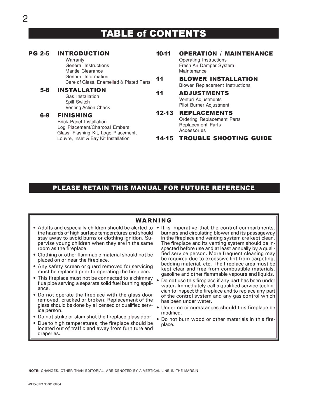 Napoleon Fireplaces GI3016-N, GI3016-P manual Table of Contents 