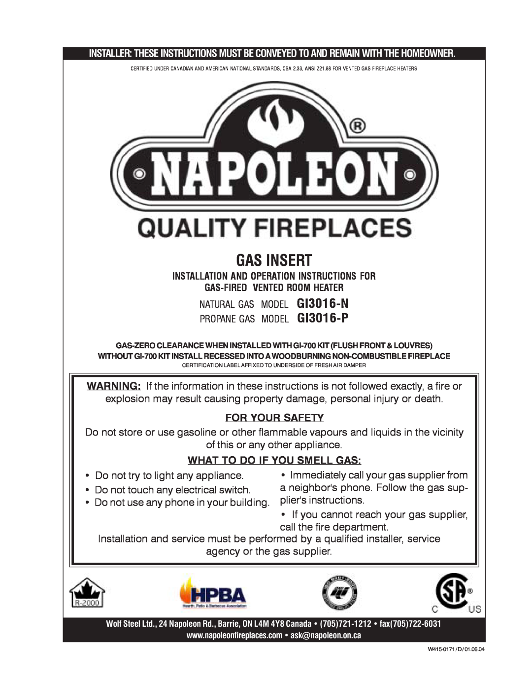 Napoleon Fireplaces manual Gas Insert, GI3016-N GI3016-P 