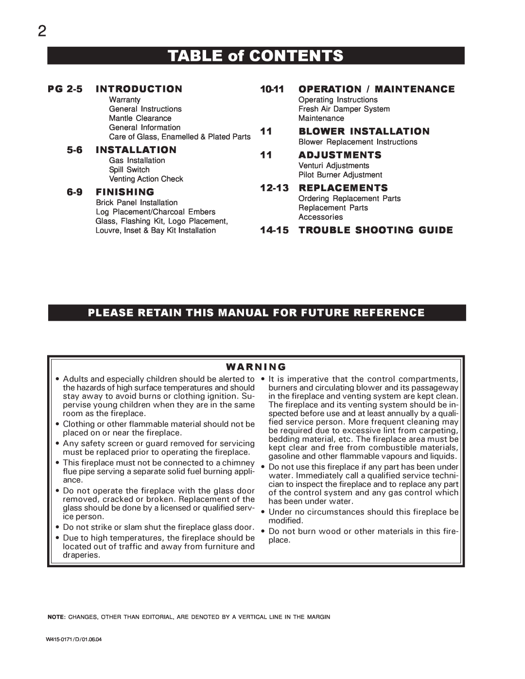 Napoleon Fireplaces GI3016-N, GI3016-P manual TABLE of CONTENTS, Please Retain This Manual For Future Reference 