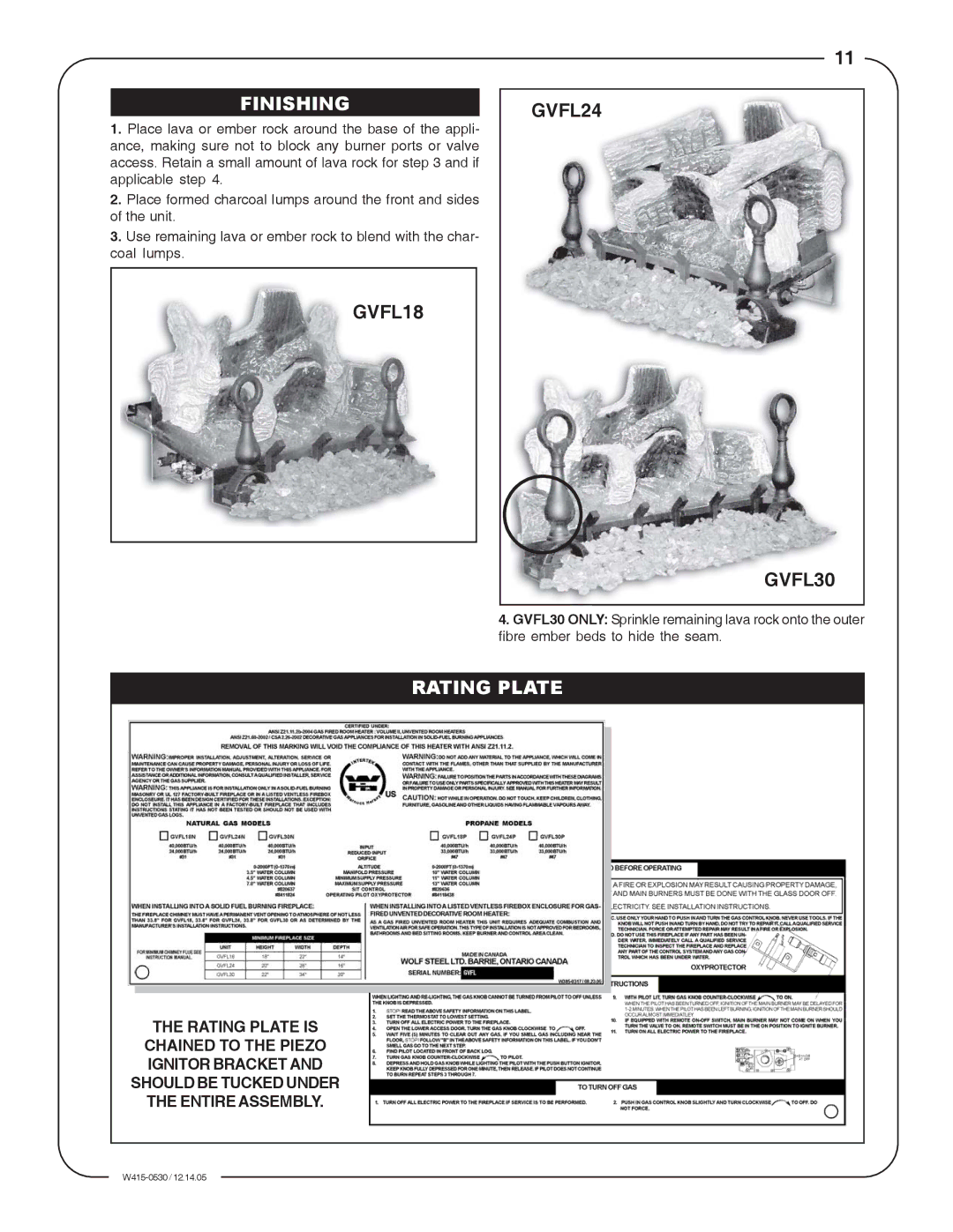 Napoleon Fireplaces GLVF18P, GLVF24P, GLVF30P, GLVF30N, GLVF24N, GLVF18N manual Finishing, Rating Plate 