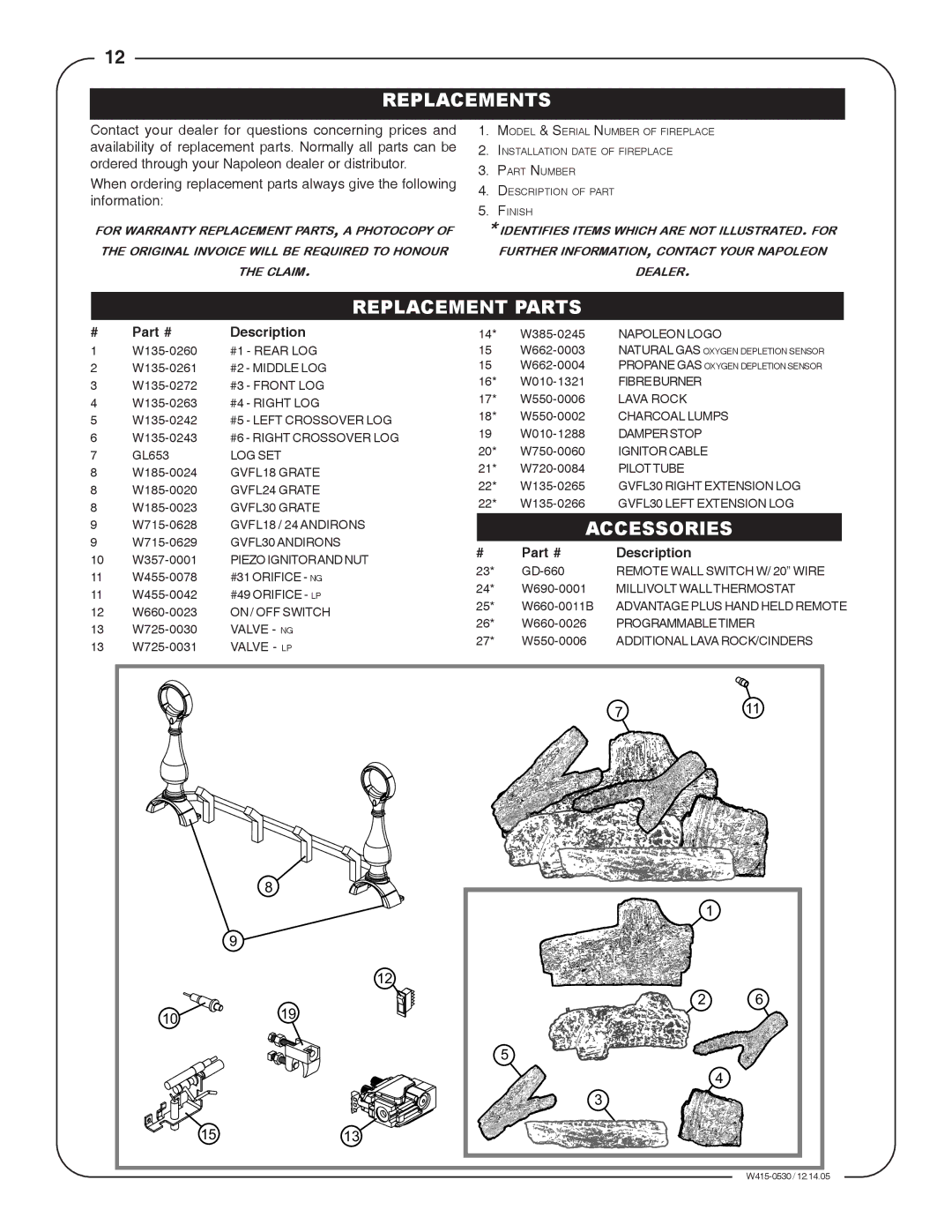 Napoleon Fireplaces GLVF24P, GLVF30P, GLVF30N, GLVF24N, GLVF18N, GLVF18P manual Replacements, Replacement Parts, Accessories 