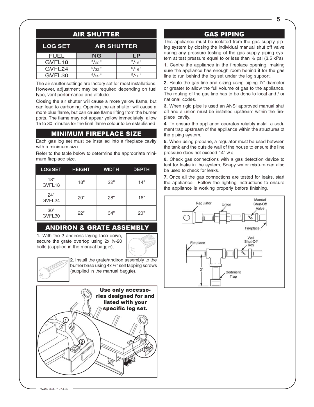 Napoleon Fireplaces GLVF18P, GLVF24P, GLVF30P AIR Shutter, Minimum Fireplace Size, Andiron & Grate Assembly, GAS Piping 