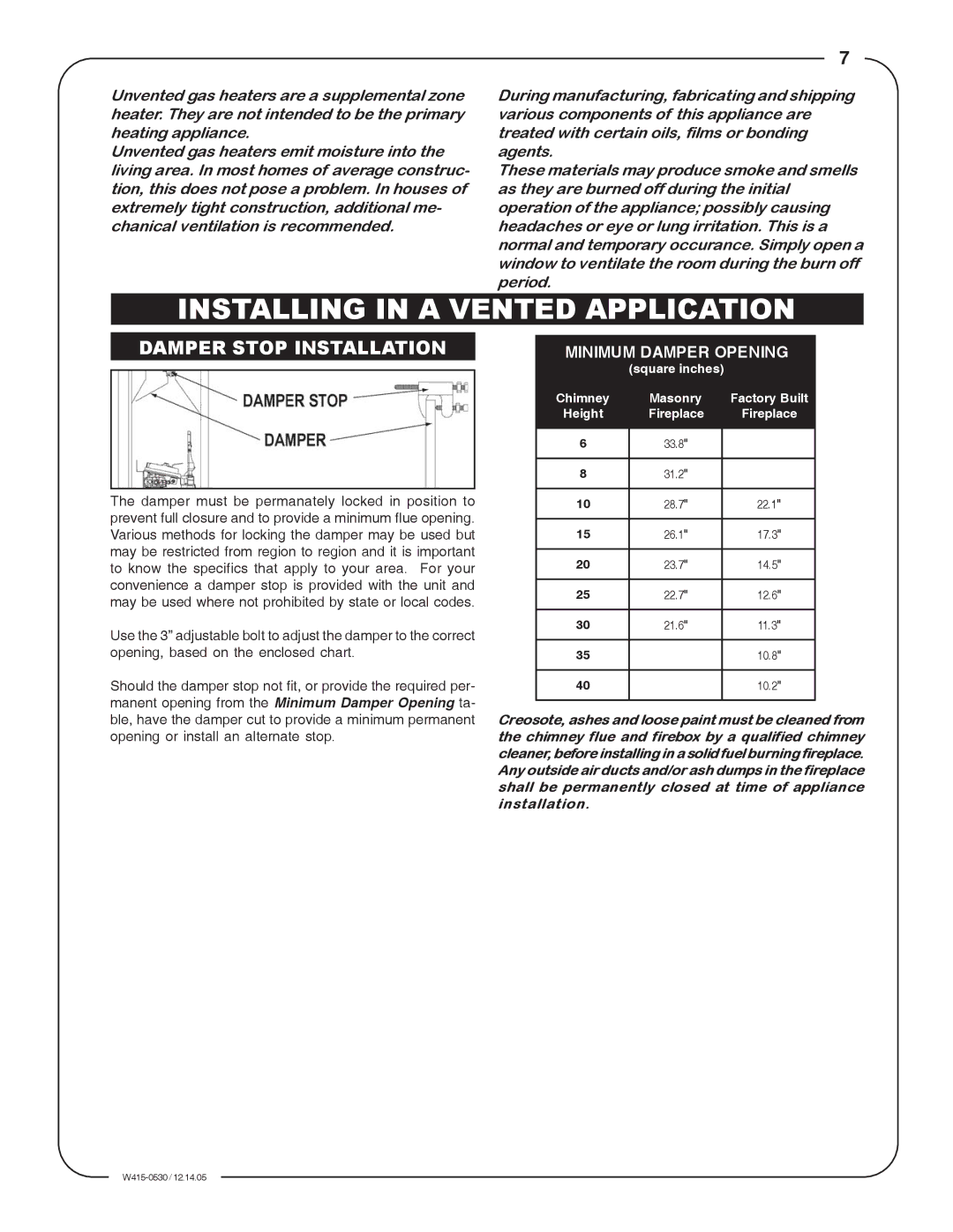 Napoleon Fireplaces GLVF30P, GLVF24P, GLVF30N, GLVF24N, GLVF18N Installing in a Vented Application, Damper Stop Installation 