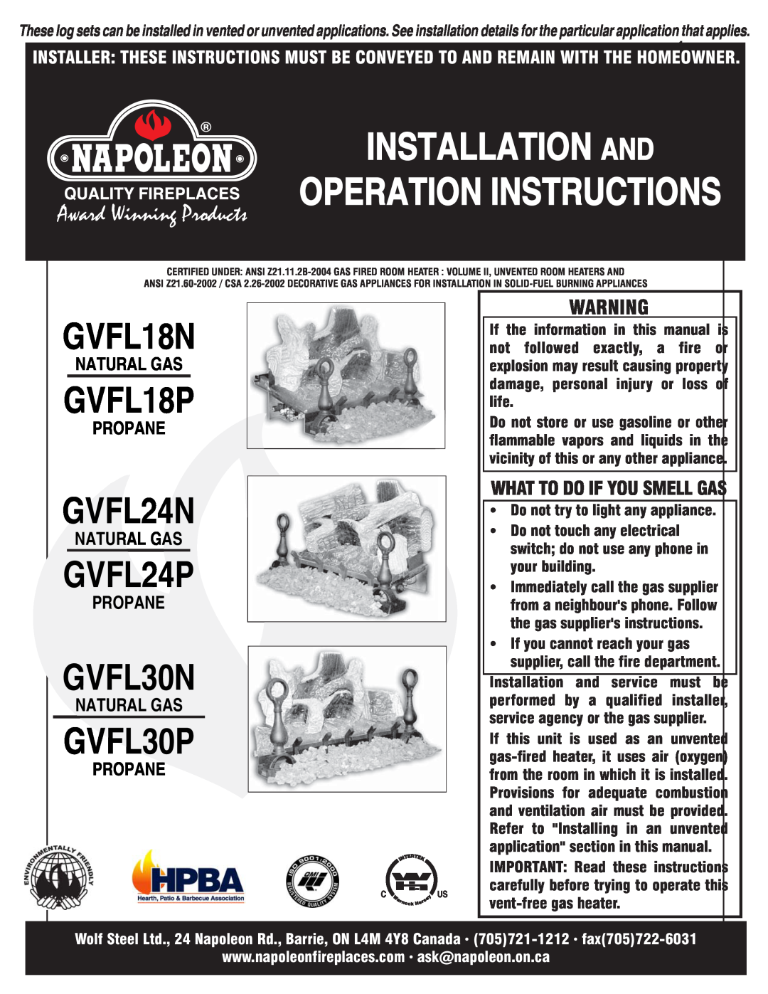 Napoleon Fireplaces GLVF30P manual Installation And, GVFL18N, GVFL18P, GVFL24N, GVFL24P, GVFL30N, GVFL30P, Natural Gas 