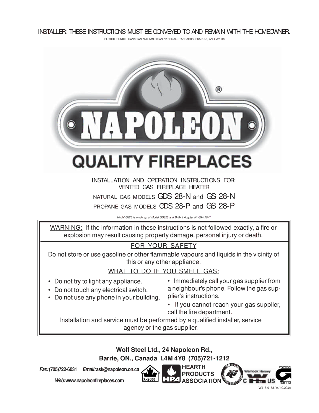 Napoleon Fireplaces GDS 28-N, GS 28-P, GDS 28-P, GS 28-N manual For Your Safety 