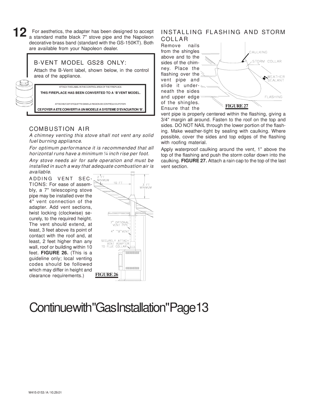 Napoleon Fireplaces GS 28-P Vent Model GS28 only, Combustion AIR, Installing Flashing and Storm Collar, Adding Vent SEC 