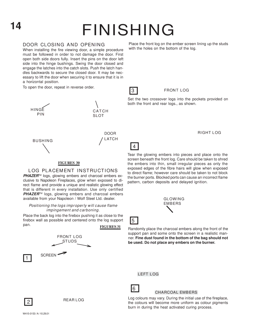 Napoleon Fireplaces GDS 28-P, GS 28-P manual Door Closing and Opening, LOG Placement Instructions, Impingement and carboning 