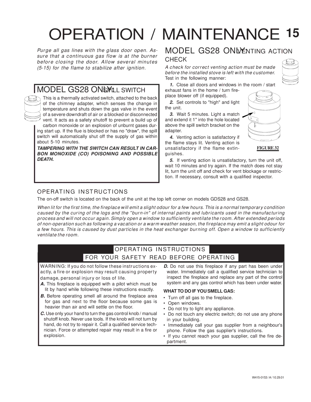 Napoleon Fireplaces GS 28-N Operating Instructions, Damage, personal injury or loss of life, What to do if YOU Smell GAS 