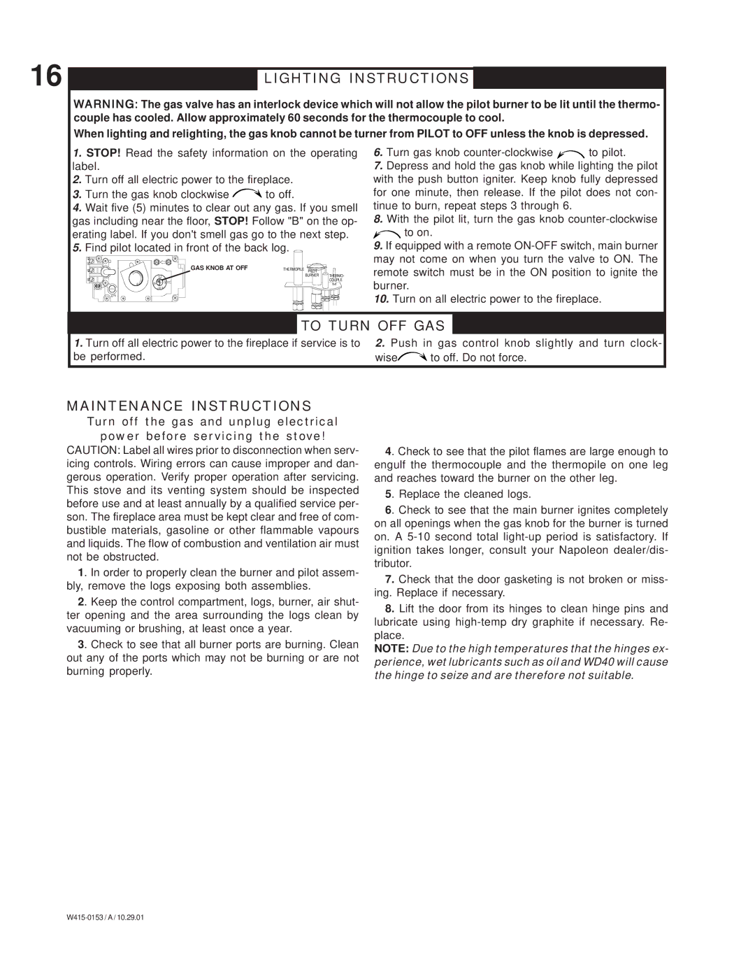 Napoleon Fireplaces GS 28-P, GDS 28-N, GDS 28-P, GS 28-N Lighting Instructions, To Turn OFF GAS, Maintenance Instructions 
