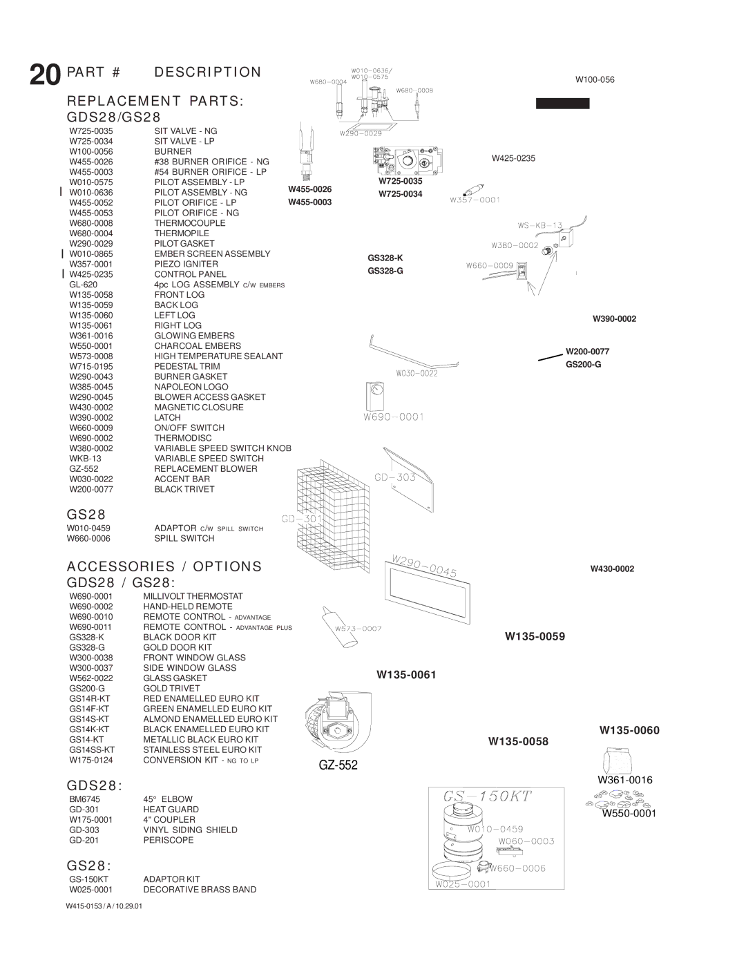 Napoleon Fireplaces GS 28-P Description Replacement Parts, Accessories / Options, W135-0061, W135-0059 W135-0060 W135-0058 