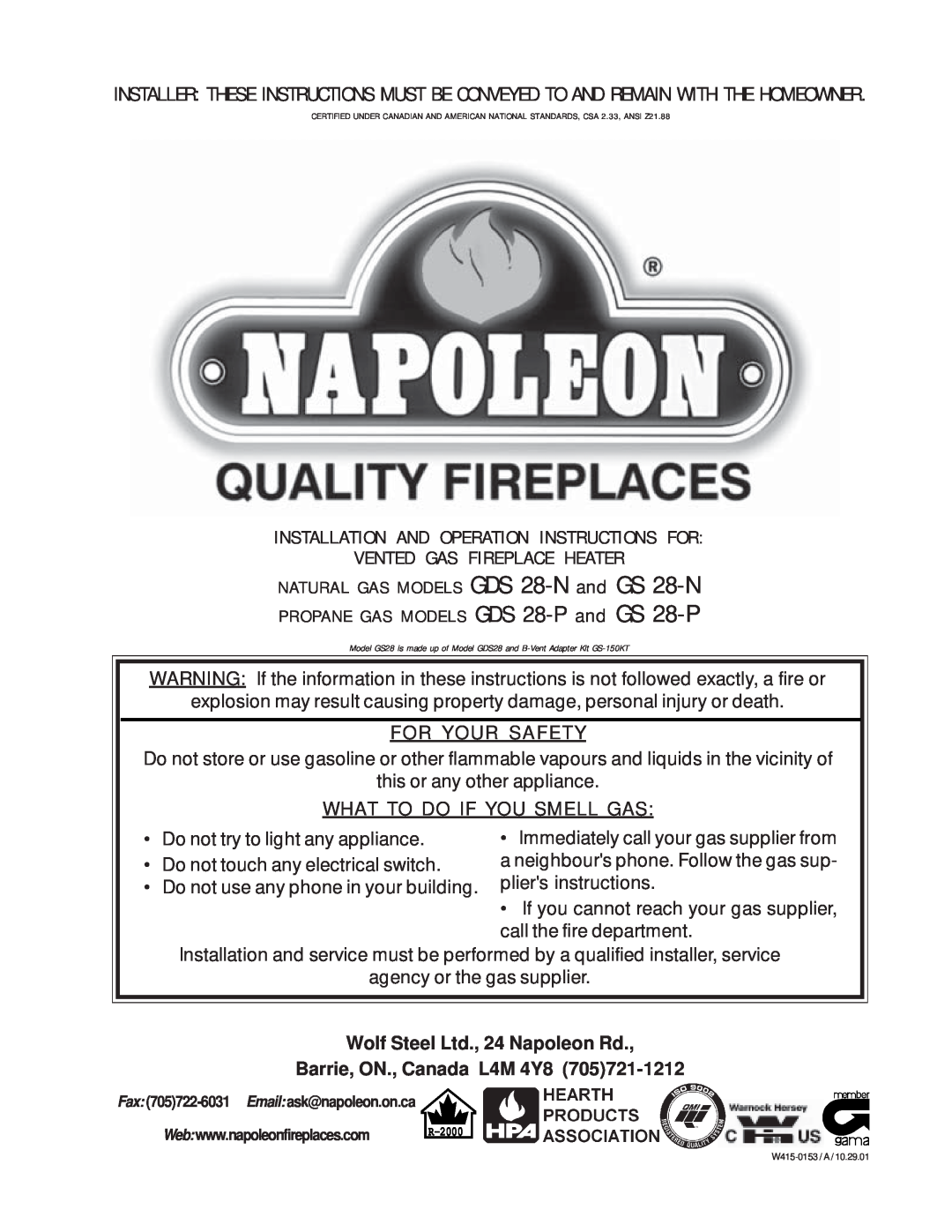 Napoleon Fireplaces GDS 28-N, GS 28-P manual For Your Safety, What To Do If You Smell Gas, Barrie, ON., Canada L4M 4Y8 