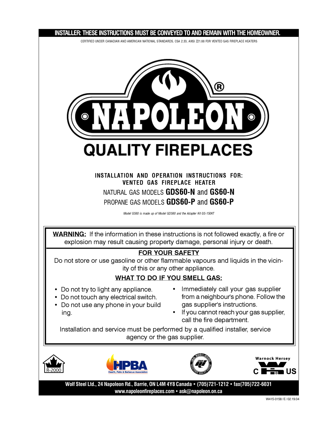 Napoleon Fireplaces GDS60-P, GS60-P, GS60-N, GDS60-N manual For Your Safety 