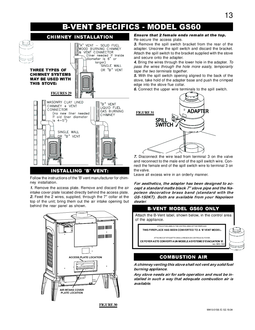 Napoleon Fireplaces GDS60-P manual Vent Specifics Model GS60, Chimney Installation, Installing B Vent, Vent Model GS60 only 