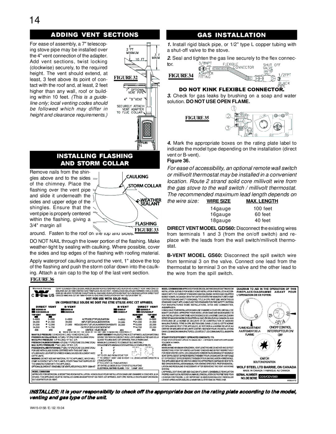 Napoleon Fireplaces GS60-N, GS60-P, GDS60-P manual Adding Vent Sections GAS Installation, Installing Flashing, Storm Collar 