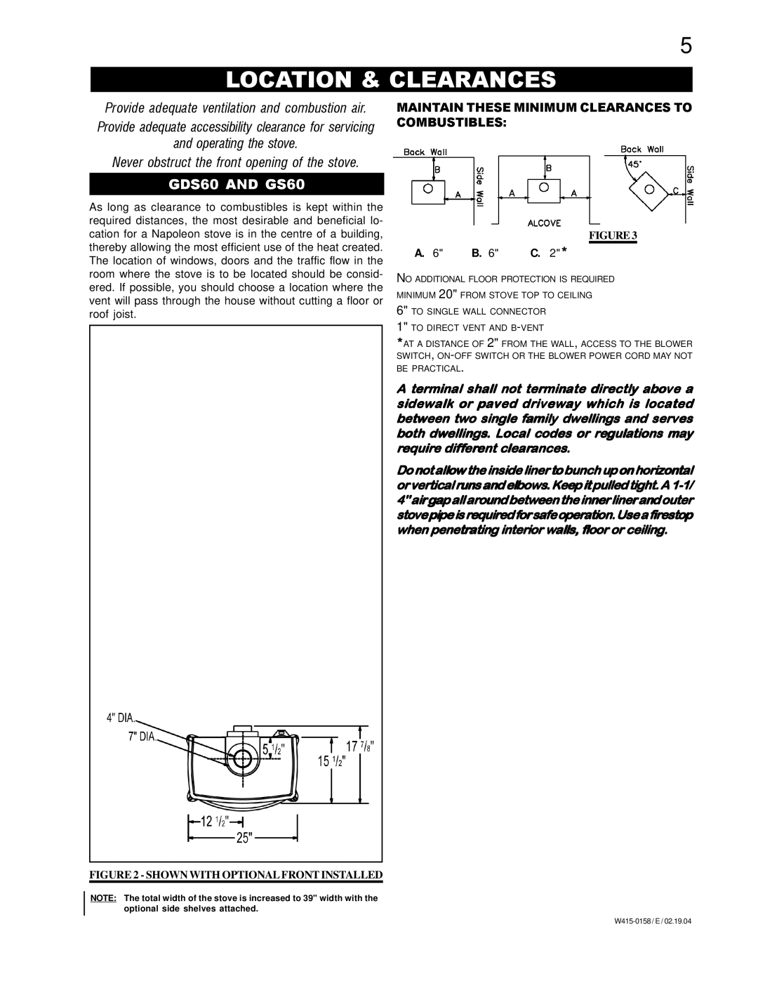 Napoleon Fireplaces GDS60-P, GS60-P, GS60-N, GDS60-N manual Location & Clearances, GDS60 and GS60, B C 
