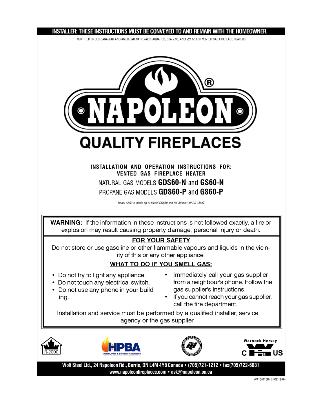 Napoleon Fireplaces GDS60-P, GS60-P manual NATURAL GAS MODELS GDS60-N and GS60-N 