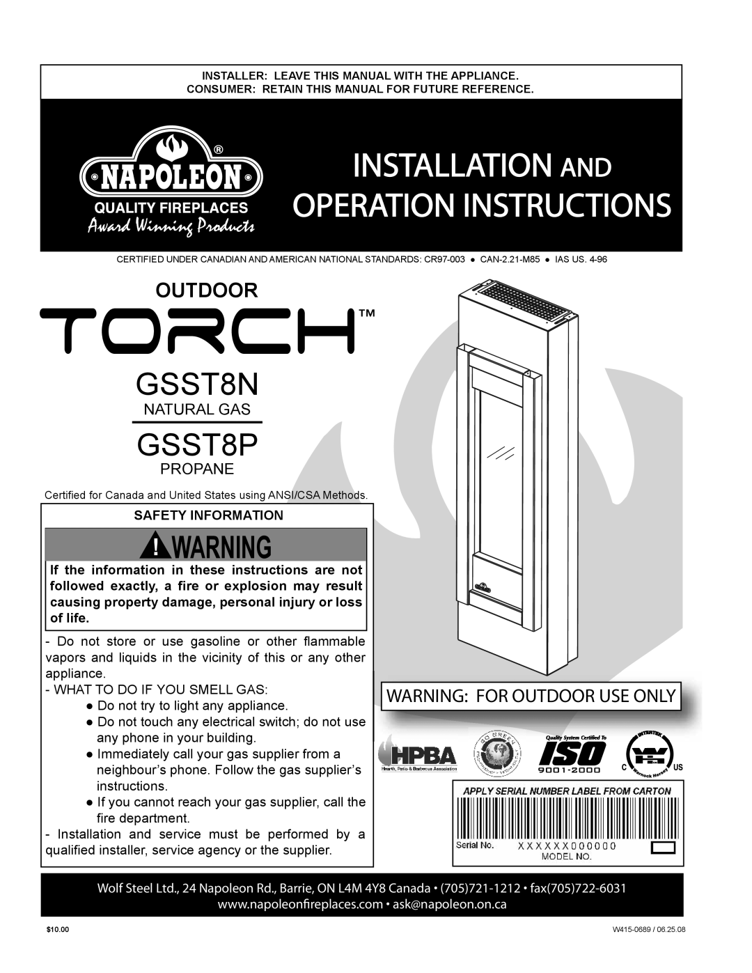 Napoleon Fireplaces GSST8N, GSST8P manual Installation Operation Instructions 