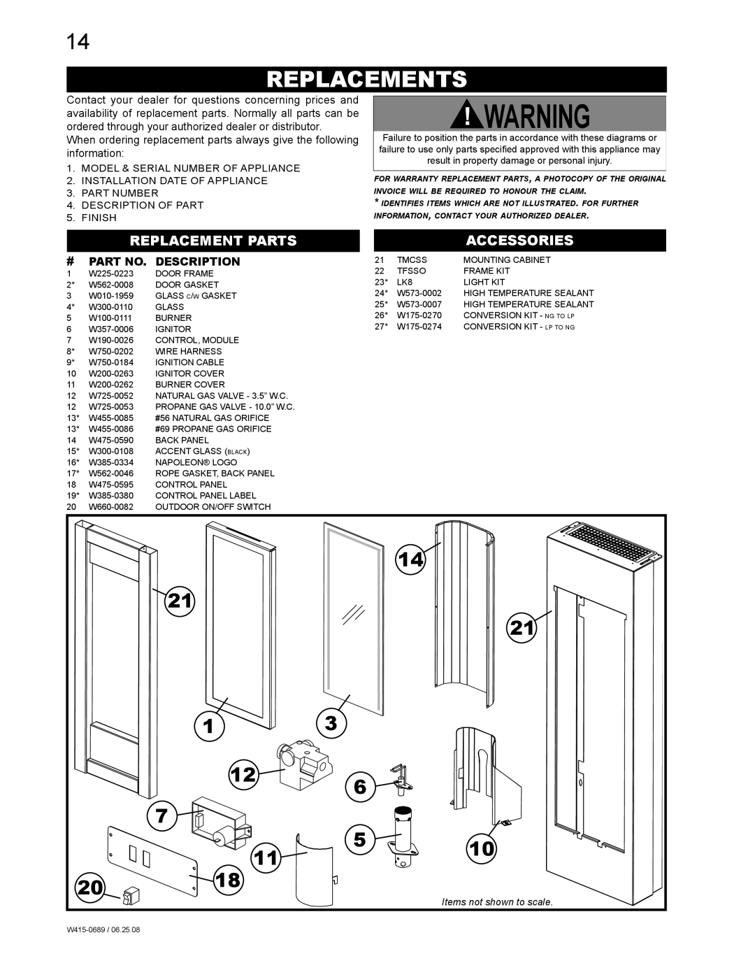 Napoleon Fireplaces GSST8P, GSST8N manual Replacements, Replacement Parts, Accessories, # Part NO. Description 