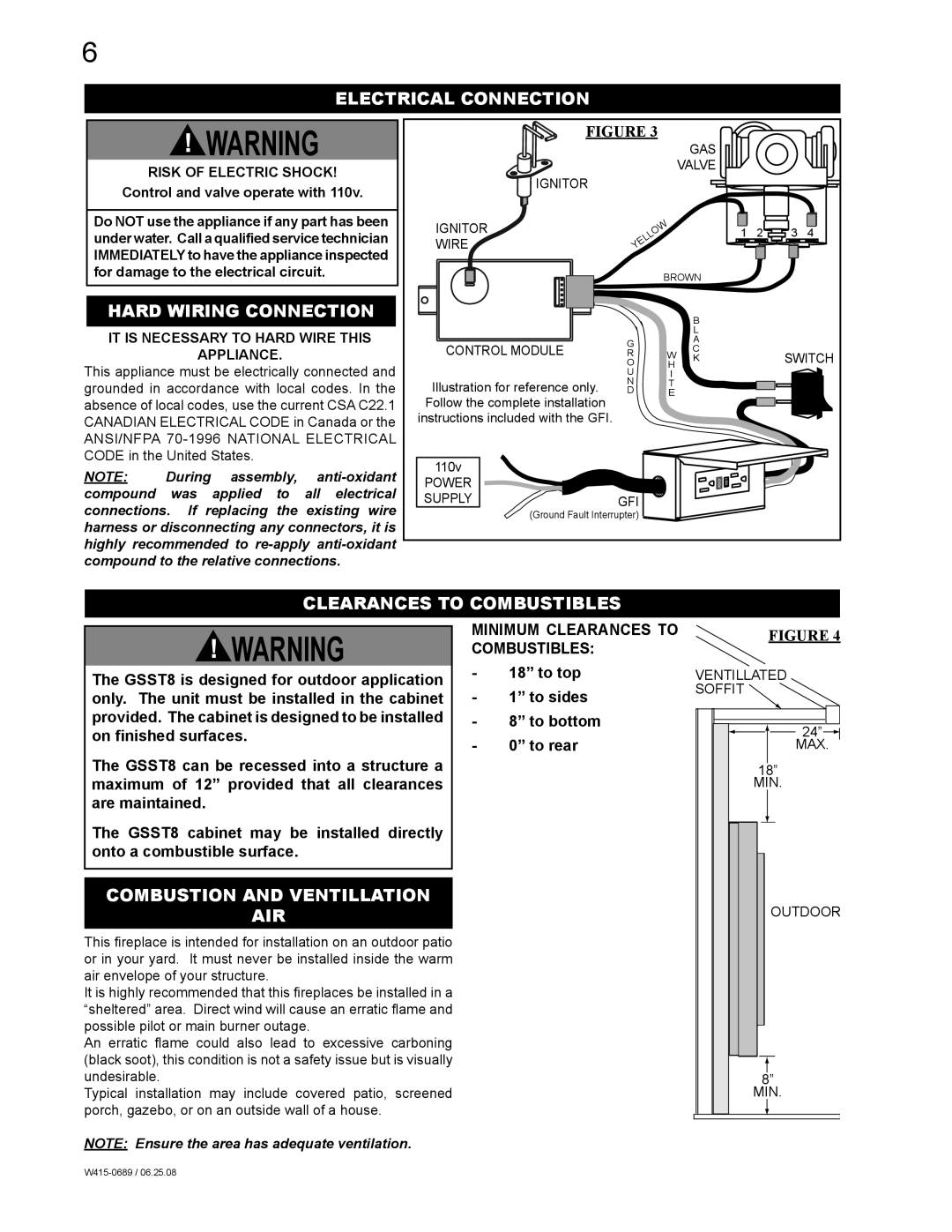 Napoleon Fireplaces GSST8P, GSST8N manual Electrical Connection, Hard Wiring Connection, Clearances to Combustibles 