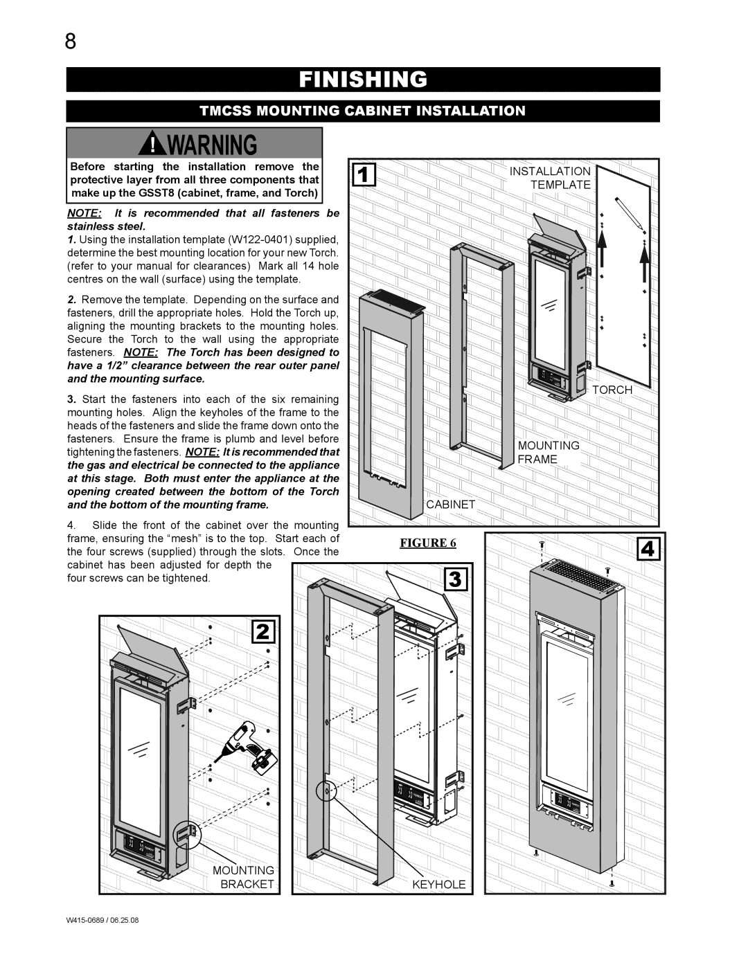 Napoleon Fireplaces GSST8P, GSST8N manual Finishing, Tmcss Mounting Cabinet Installation, Template 