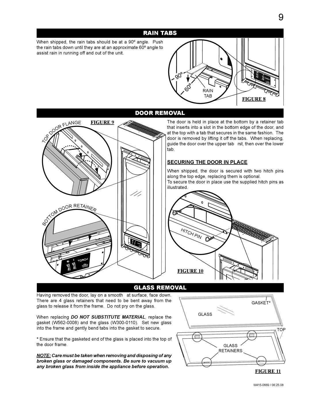 Napoleon Fireplaces GSST8N, GSST8P manual Rain Tabs, Door Removal, Glass Removal 