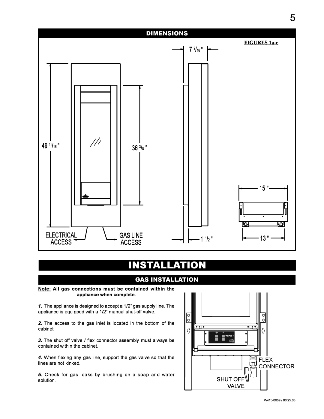 Napoleon Fireplaces GSST8N, GSST8P 7 9/16, 1 1/2, Dimensions, Gas Installation, 49 11, Electrical Access, FIGURES 1a-c 